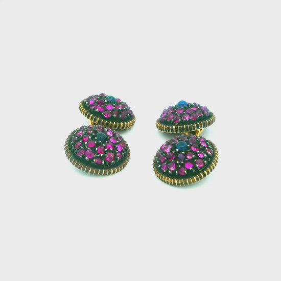 Buccellati 18k Gold & Silver Pave Pink & Center Blue Sapphire cufflinks