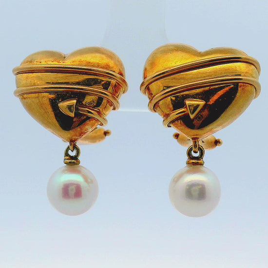 Vintage Tiffany & Co. Heart Cupid Arrow 18K Yellow Gold Earrings W/Pearl