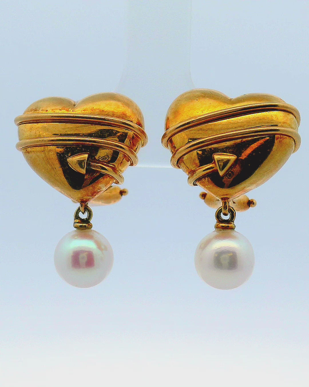 Vintage Tiffany & Co. Heart Cupid Arrow 18K Yellow Gold Earrings W/Pearl