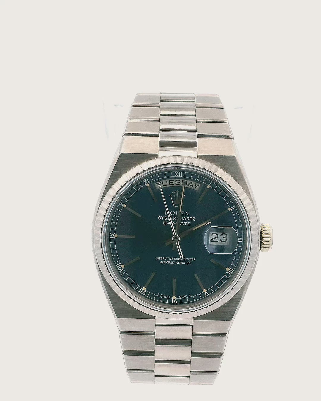 Rolex Day Date Oysterquartz 19019 Blue Dial 18K White Gold Mens Watch