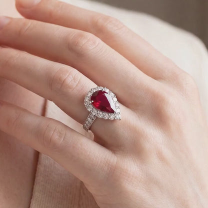Platinum Pear-Shaped Ruby and Diamond Ring W/Certificate