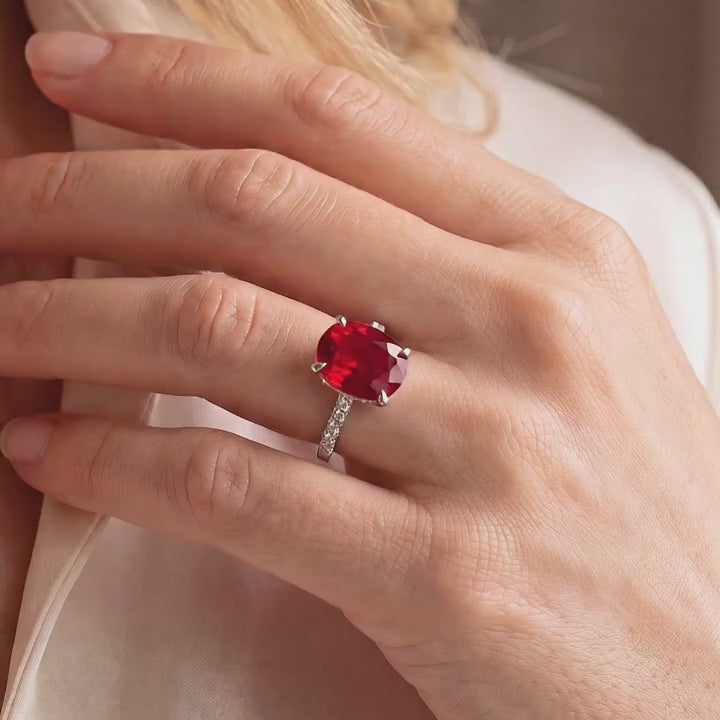 18K White Gold Paved & Cushion-Cut Ruby Ring GIA Certified
