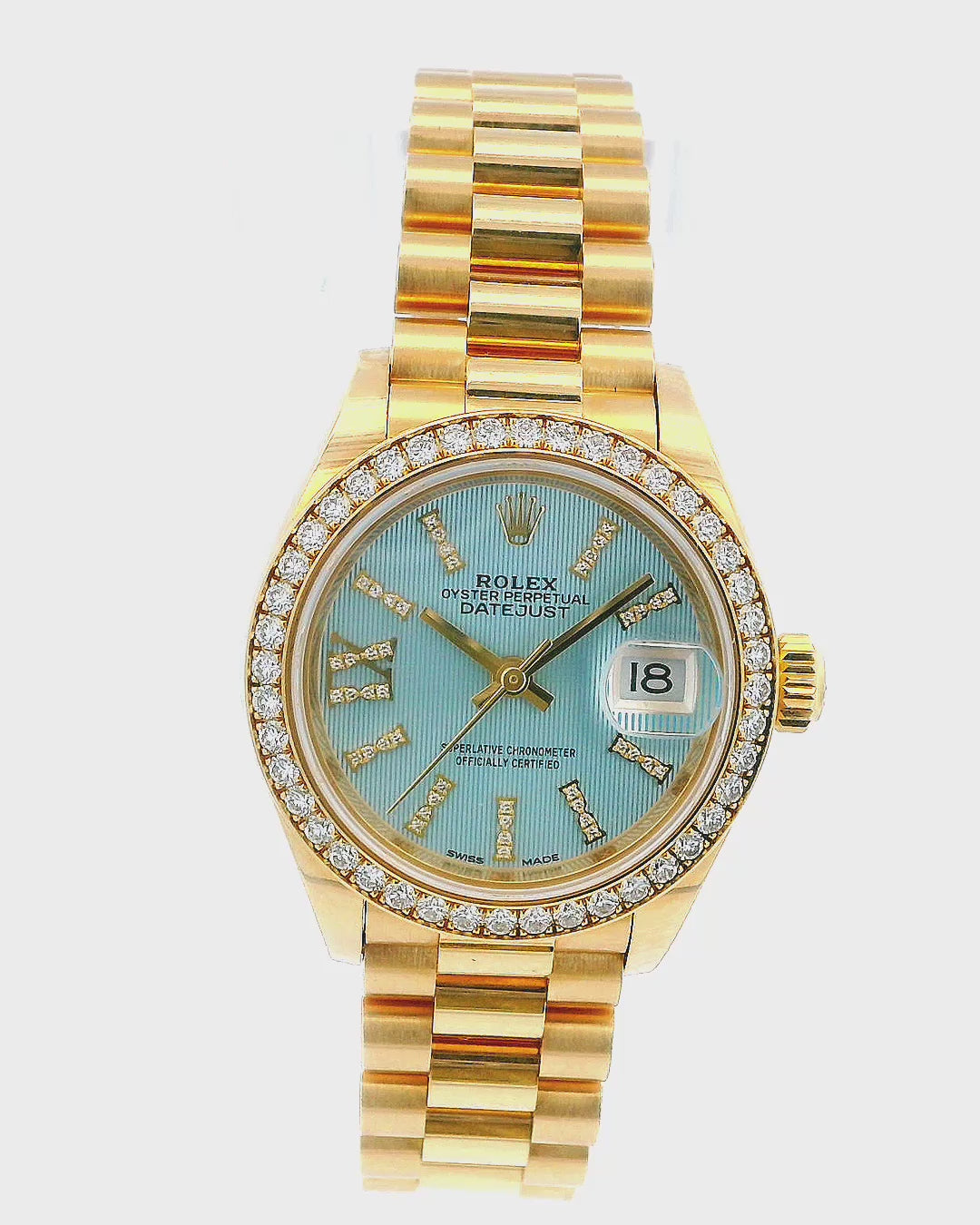Rolex 18k datejust 28mm diamond bezel blue diamond dial presidential bracelet