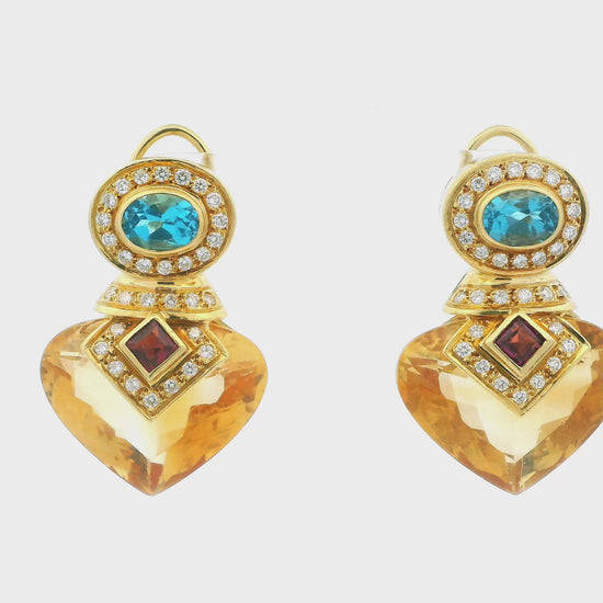 18K Yellow Gold Multi-Gemstone Drop Earrings W/Blue Topaz, Citrine, and Diamond