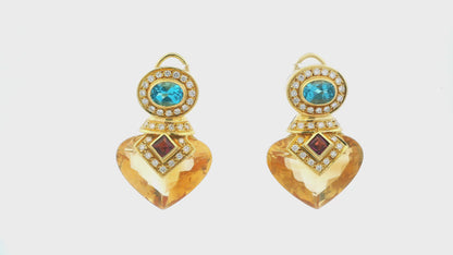 18K Yellow Gold Multi-Gemstone Drop Earrings W/Blue Topaz, Citrine, and Diamond