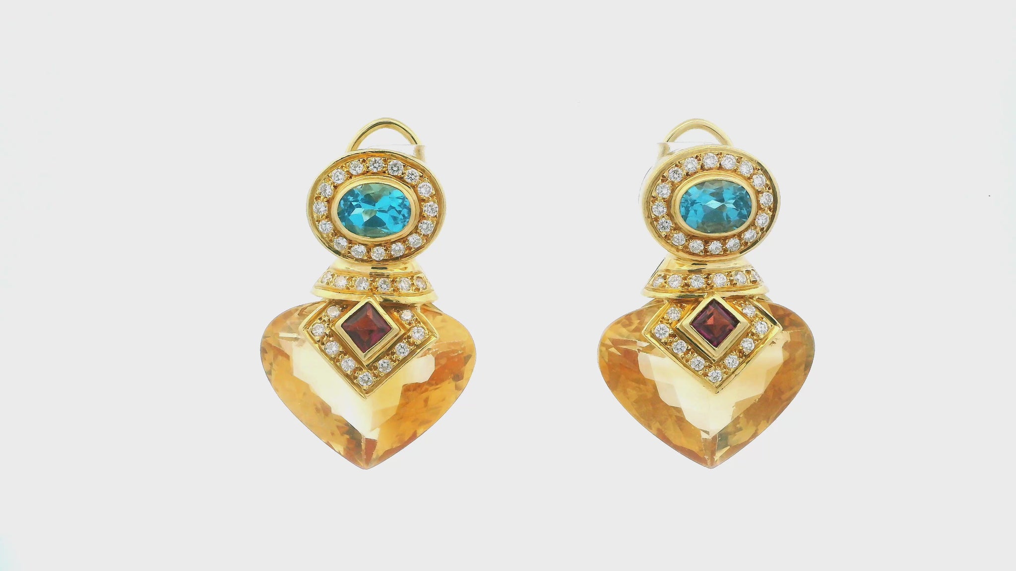 18K Yellow Gold Multi-Gemstone Drop Earrings W/Blue Topaz, Citrine, and Diamond
