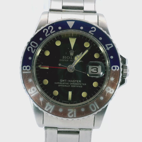 Rolex GMT-Master 1675 "Pepsi" Gilt Gloss Dial Rivet 6636 Bracelet Vintage Watch.