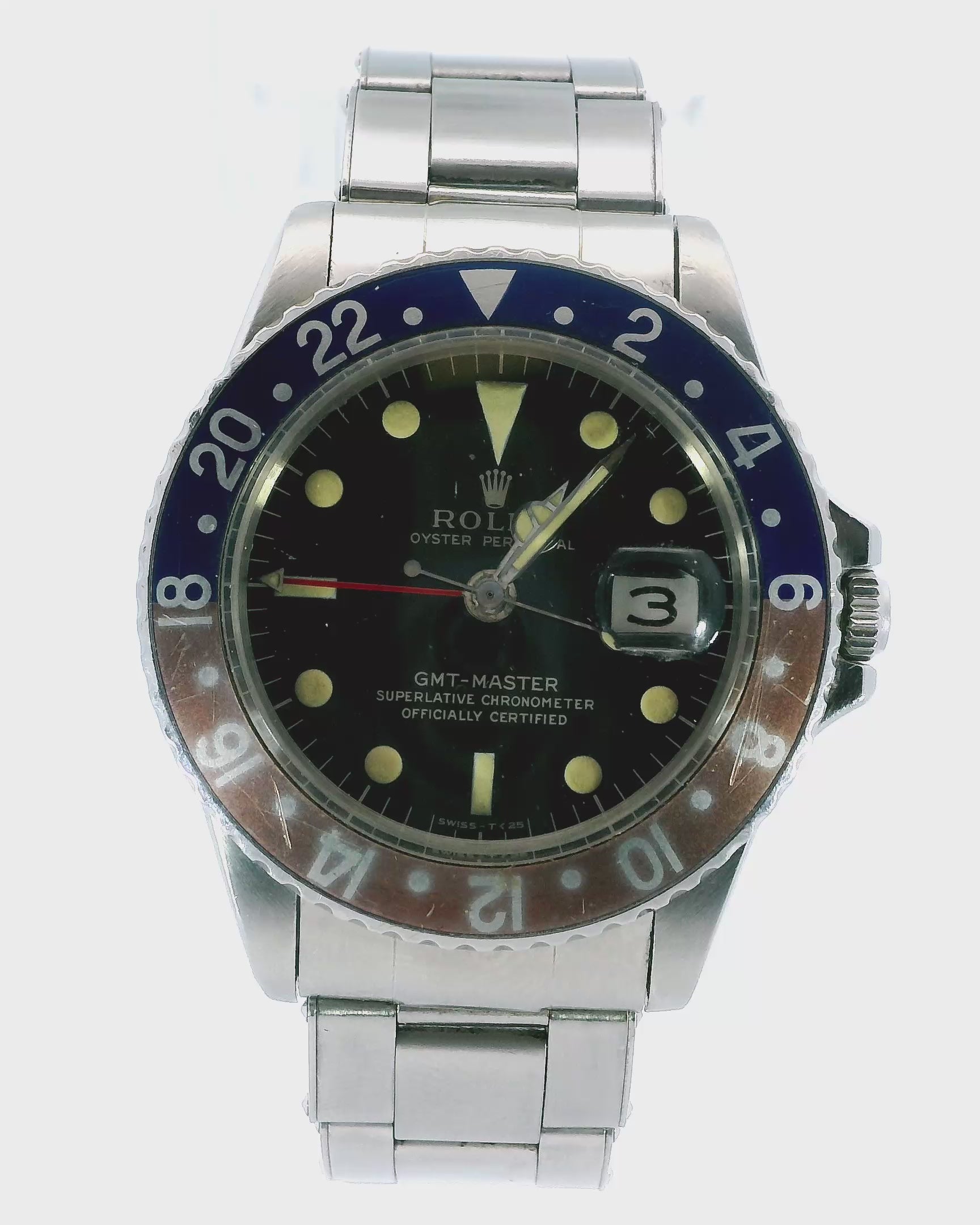 Rolex GMT-Master 1675 "Pepsi" Gilt Gloss Dial Rivet 6636 Bracelet Vintage Watch.