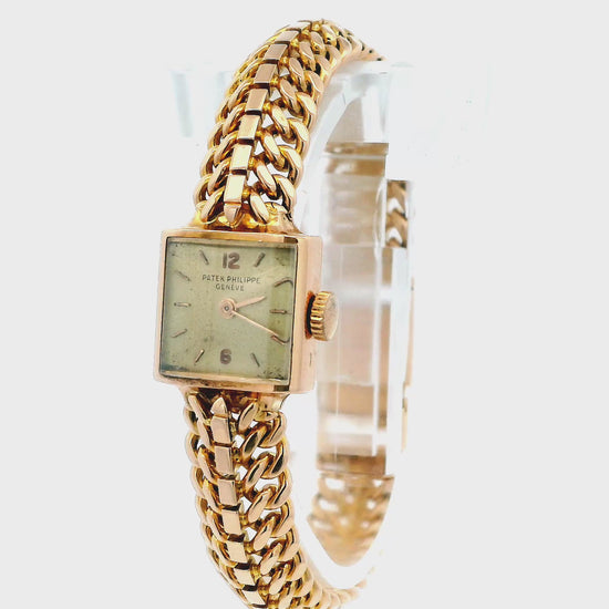 Patek Philippe 18k Rose Gold Square Spinal Link Hinged Back Watch