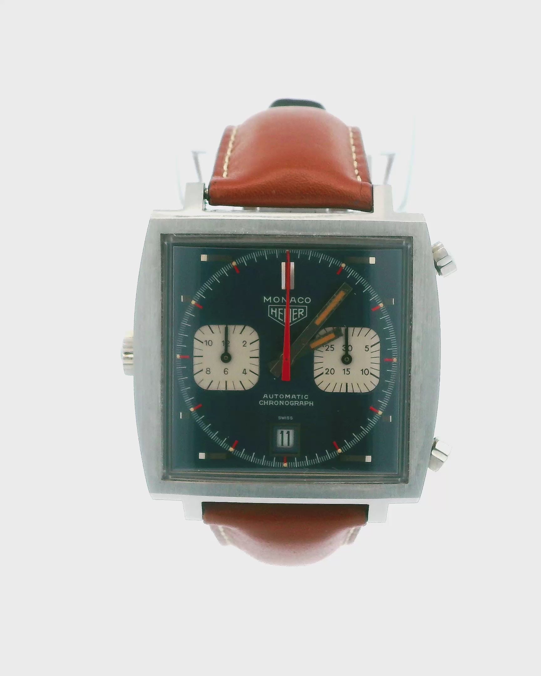 Heuer Monaco "Transitional" Blue Dial Unpolished 1969 Original Sticker on Back