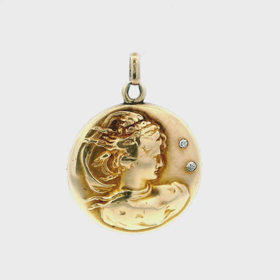 Art Nouveau 14k Gold Woman Locket Repoussé Locket & Diamond Pendant
