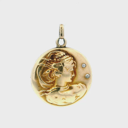 Art Nouveau 14k Gold Woman Locket Repoussé Locket & Diamond Pendant